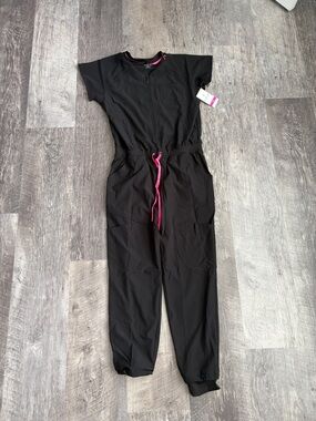 Med Couture Black Scrubs Jumpsuit with Pink Drawcord